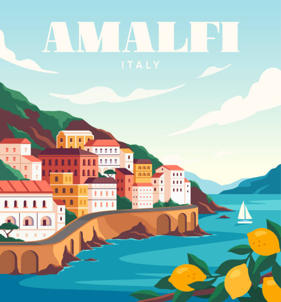 Coast of italy poster vector Coast of italy poster. Colorful banner with Italian landscape and buildings, sea and lemon tree. Nature and architecture of Amalfi town. Travel and tourism concept. Cartoon flat vector illustration amalfi food stock illustrations