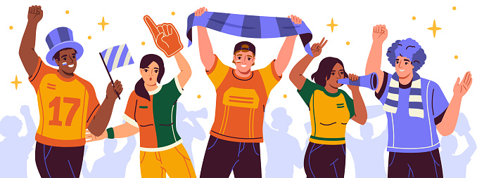 Crowd of sports fans poster. Cheerful characters with flags and posters, scarves and hats support basketball or football players. Cartoon flat vector illustration isolated on white background
