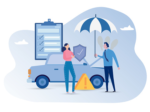 Car insurance banner template with agent holding an umbrella, flat vector illustration isolated on white background. Banner or poster for transport assurance agency. vector illustration.