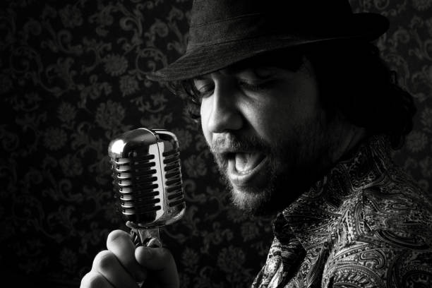 istock Seventies rock star singing on old fashioned microphone 165830974