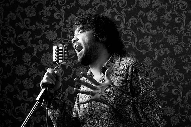 istock Seventies rock star singing on old fashioned microphone 165830994