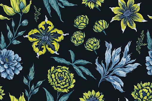 A vibrant floral pattern on a solid black background, featuring an array of lush green leaves and vivid blooms in a variety of bright colors