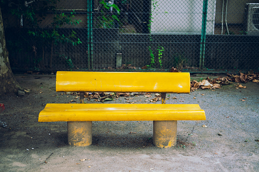 Yellow bench in the park in tokyo.