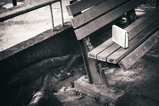 A book discarded on a park bench.