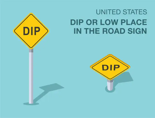 Vector illustration of Traffic regulation rules. Isolated United States dip or low place in the road sign. Front and top view. Vector illustration template.