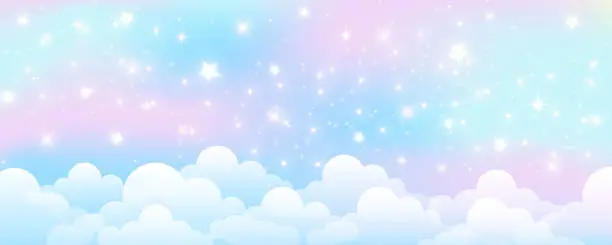 Vector illustration of Pink and blue sky. Pastel gradient background with fluffy clouds. Abstract vector blurred illustration. Sunny heaven panorama wallpaper