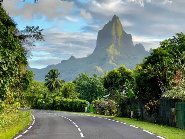 A scenic winding road with majestic mountains in the background in French Polynesia, Moorea