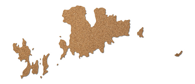 Mykonos island map cork wood texture cut out on white background.