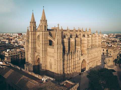 Palma de Mallorca Cathedral of Santa Maria of Palma - La Seu. Architecture of Cathedral of Santa Maria of Palma from Aerial Drone Point of View. Cathedral of Palma, Palma de Mallorca, Majorca Island, Balearic Islands, Catalonia, Spain, Southern Europe.