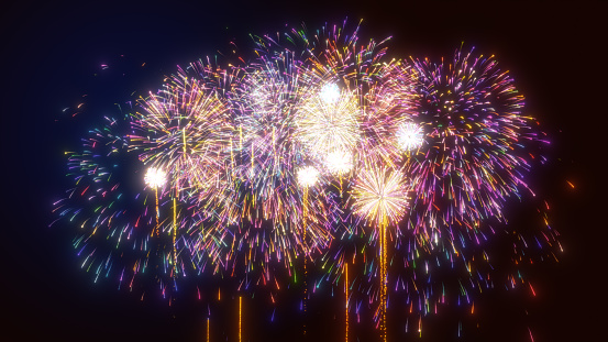 Colorful fireworks at night exploding in the sky for a Celebration festival on the black background 3D Rendering