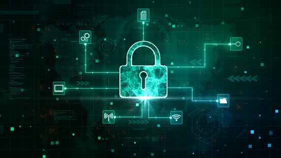 Padlock icon of cyber security technology data protection concept, Padlock, and icon data on the background with world map, Future technology digital data network protection, 3D Rendering