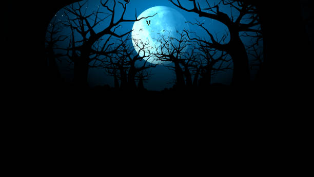 istock Halloween event with forest silhouette, Flying bats, and moon night on the background, 3D Rendering 1658380533