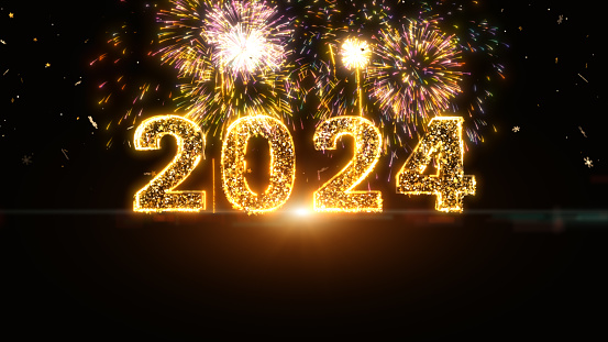 Fireworks Celebrate New Year's Eve 2024 Background. Golden Multicolor Abstract Glowing Bokeh Fireworks Show In Night Sky Concept Merry Christmas and Happy New Year 2024, 3D Rendering