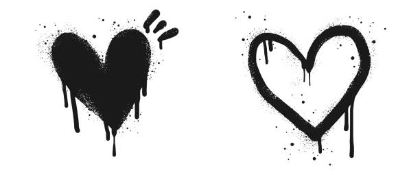 ilustrações, clipart, desenhos animados e ícones de placa de coração grafitada pintada em preto sobre branco. símbolo de gotejamento de coração de amor.  isolado no fundo branco. ilustração vetorial - blob heart shape romance love