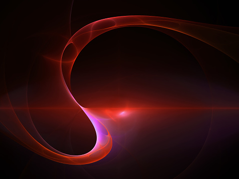 Computer graphics image, abstract red background, sinuous psychedelic 3d virtual image, weird light glow in the dark