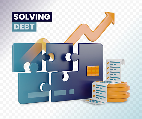3d rendering of credit card with debt solving illustration. puzzle on credit card as metaphor of problem solving in loan and debt, with pile of money and checklist of bills