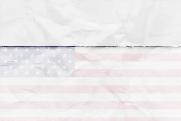 Vector illustration of Faded transluscent United States flag design with modern torn paper cutting border of white horizontal creased crumpled paper vector background with copy space and creases