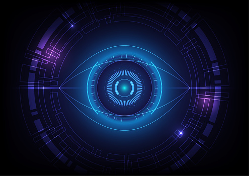 Cyber virtual eye technology of internet control surveillance and digital invigilation vector background. Cyber espionage and global security concept