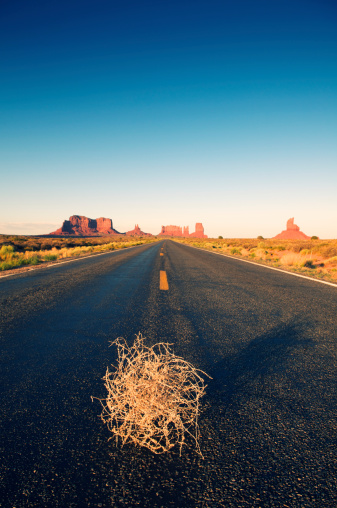 Lone tumbleweed sits in the middle of a deserted highway leading through the red rocks of Monument Valley, USA