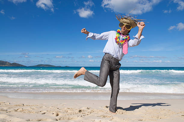 istock Wild and Crazy Tourist Businessman Dances on Beach 165843342