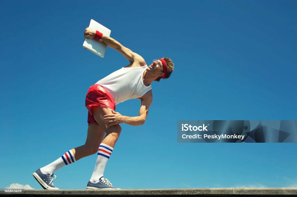 Discus Throw Computer Hipster Nerd Athlete Throwing Discus Laptop Computer Stock Photo ...