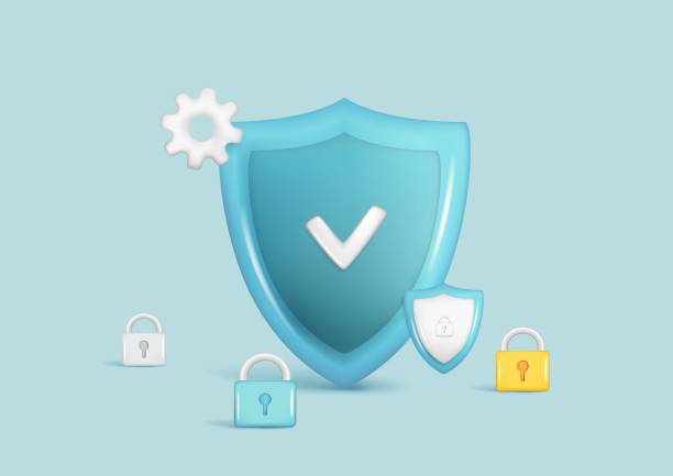 istock Set of realistic 3d glossy security safe icon with checkmark and padlock. Customer 3d cartoon guaranteed protection symbol, quality protected shield emblem. Vector illustration on blue background 1658438726