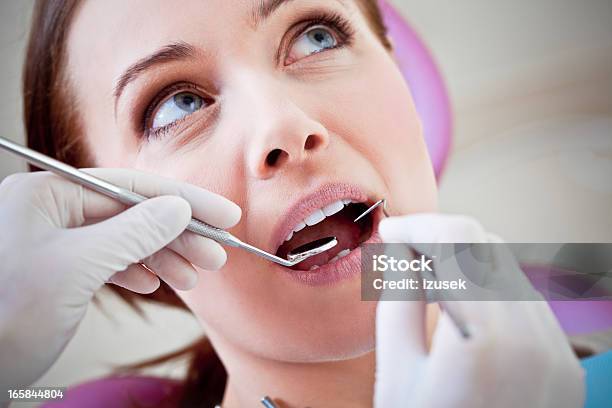 Dental Paciente Cómo Examinados Por Dentista Foto de stock y más banco de imágenes de Adulto - Adulto, Silla de dentista, Vista elevada