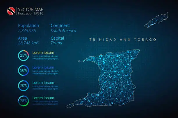 Vector illustration of Trinidad and Tobago Map infographics vector template with abstract geometric mesh polygonal light concept on blue background. Template for diagram, graph, presentation and chart