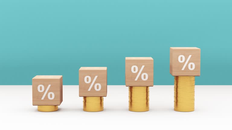 Gradual Interest Rate Concept with Wooden Block entering the scene and increasing up with gold coin.