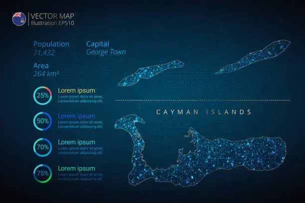 Vector illustration of Cayman Islands Map infographics vector template with abstract geometric mesh polygonal light concept on blue background. Template for diagram, graph, presentation and chart