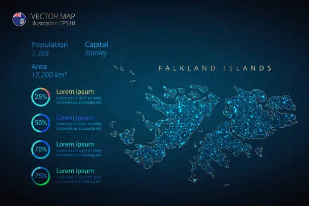 Vector illustration of Falkland Islands Map infographics vector template with abstract geometric mesh polygonal light concept on blue background. Template for diagram, graph, presentation and chart
