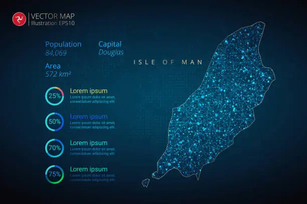 Vector illustration of Isle of Man Map infographics vector template with abstract geometric mesh polygonal light concept on blue background. Template for diagram, graph, presentation and chart