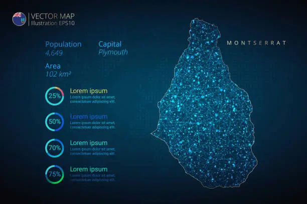 Vector illustration of Montserrat Map infographics vector template with abstract geometric mesh polygonal light concept on blue background. Template for diagram, graph, presentation and chart