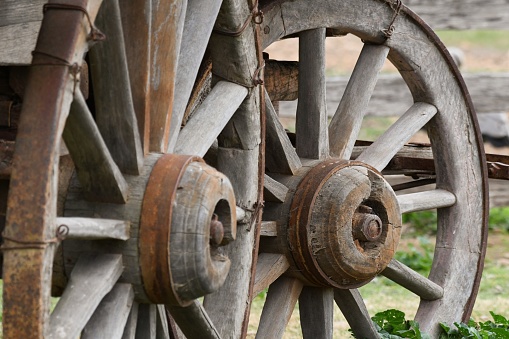 Vintage wagon wheels on old horse drawn wagon
