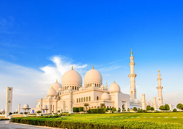 져녁 단궤 유클리드의 셰이크 자이드 사원 아부다비 - minaret international landmark national landmark sheikh zayed mosque 뉴스 사진 이미지