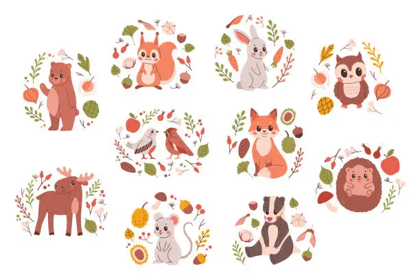 Vector illustration of Woodland animals set. Cute fox, bear, elk, rabbit and birds. Perfect for scrapbooking, cards, poster, tag, sticker kit. Hand drawn vector illustration.