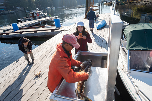 Extended family on dock in remote fishing village.  A senior Chinese man is showing a young Eurasian woman family member how to clean fish as she takes a video on smartphone while her sister takes a photo of a recently caught crab.  Senior Asian relative unloads boat in background.  Bamfield, Vancouver Island, British Columbia, Canada.