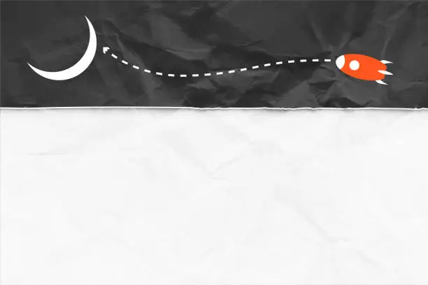 Vector illustration of A space theme backdrop with a black torn paper sheet over white background, with a dotted line defining trajectory of red space vehicle to crescent moon