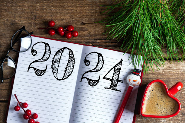 istock New year resolutions 2024 on desk. 2024 resolutions list with notebook, coffee cup on wooden table. Goals, resolutions, plan, action, checklist concept. New Year 2024 template 1658519529