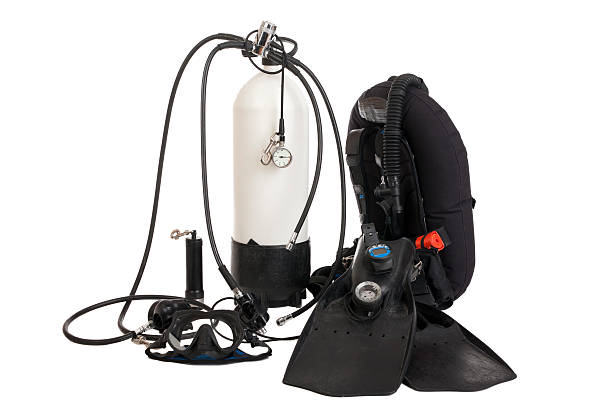 Diving equipment isolate on white Full set of underwater diving equipment: Tank, BCD, Regulater - first and second stage and pressure gauge, mask, fins, compass, diving computer, light diving equipment stock pictures, royalty-free photos & images