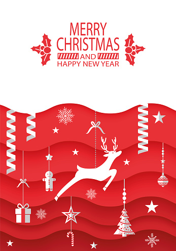 Merry Christmas banner with origami reindeer, snow flake and xmas fir tree decoration. Paper art and digital craft style on red and white background. Holidays banner, festive layered illustration