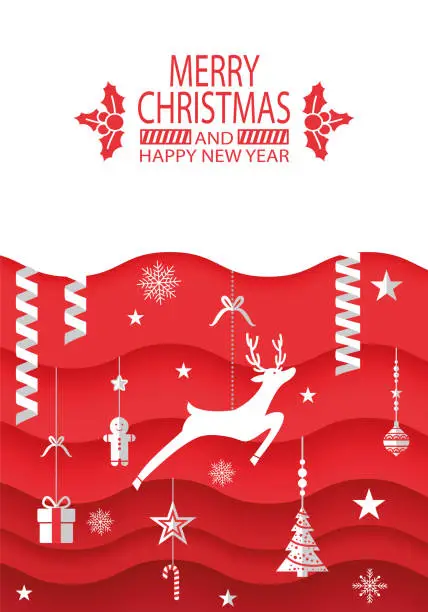 Vector illustration of Merry Christmas banner with origami reindeer, snow flake and fir tree decoration. Paper art
