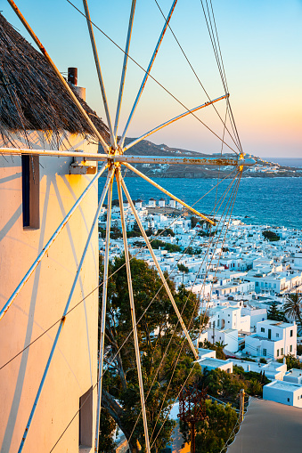 Architecture at Mykonos town (Chora), Mykonos island, Cyclades, Greece at sunset.