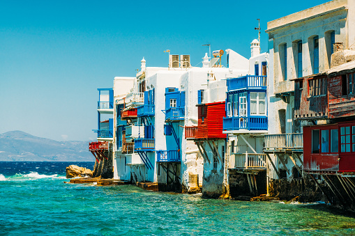 Architecture at Little Venice, Mykonos town (Chora), Mykonos island, Cyclades, Greece in morning.