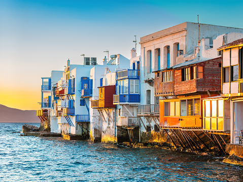 Architecture at Little Venice, Mykonos town (Chora), Mykonos island, Cyclades, Greece at sunset.