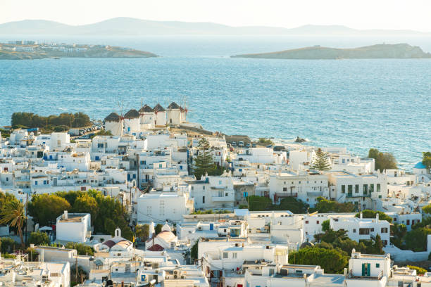 Architecture at Mykonos town (Chora), Mykonos island, Cyclades, Greece at sunset.