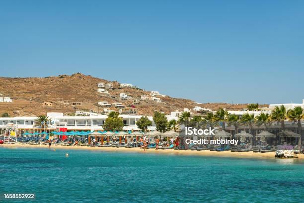 Ornos Beach Mykonos Island Greece Stock Photo - Download Image Now - Aegean Islands, Aegean Sea, Bar - Drink Establishment