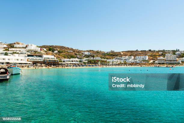 Ornos Beach Mykonos Island Greece Stock Photo - Download Image Now - Aegean Islands, Aegean Sea, Bar - Drink Establishment