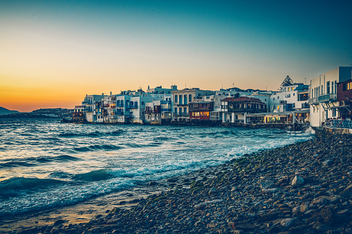 Architecture at Little Venice, Mykonos town (Chora), Mykonos island, Cyclades, Greece at sunset.