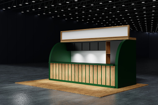 Green and wood booth system exhibition stand display mockup template design for event trade fair show in exhibition hall center, convention hall, 3D rendering.